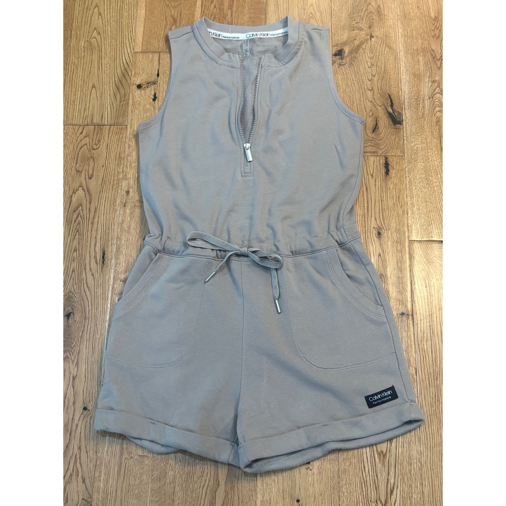 Calvin Klein Performance Women XS Taupe Tan French Terry Half Zip Romper Pockets